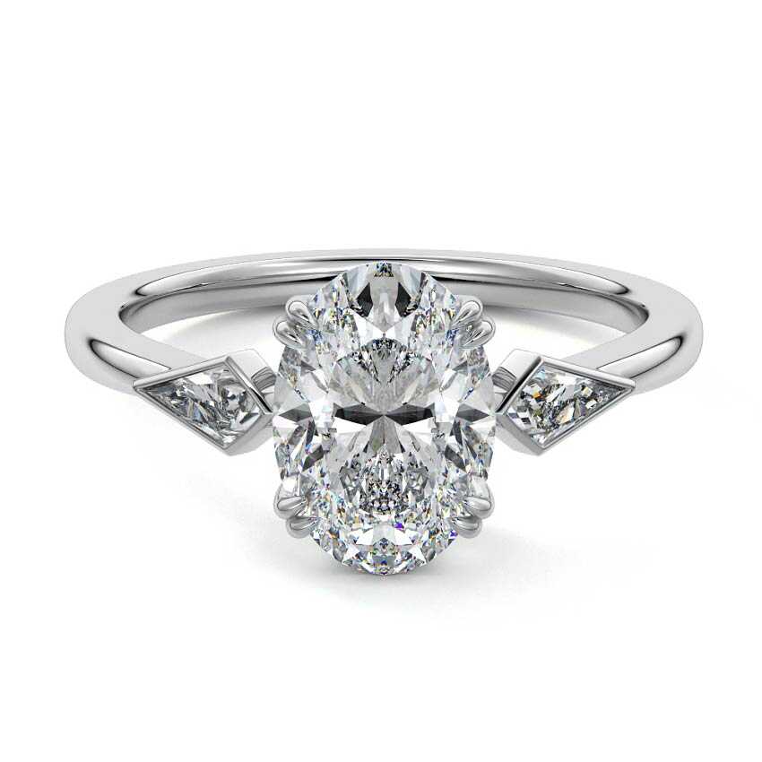 Silver Three-Stone Oval Diamond Engagement Ring with Kite Side Stones