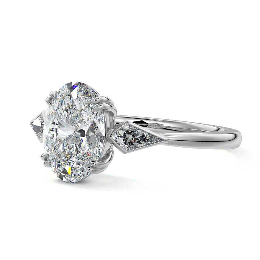 Silver Three-Stone Oval Diamond Engagement Ring with Kite Side Stones