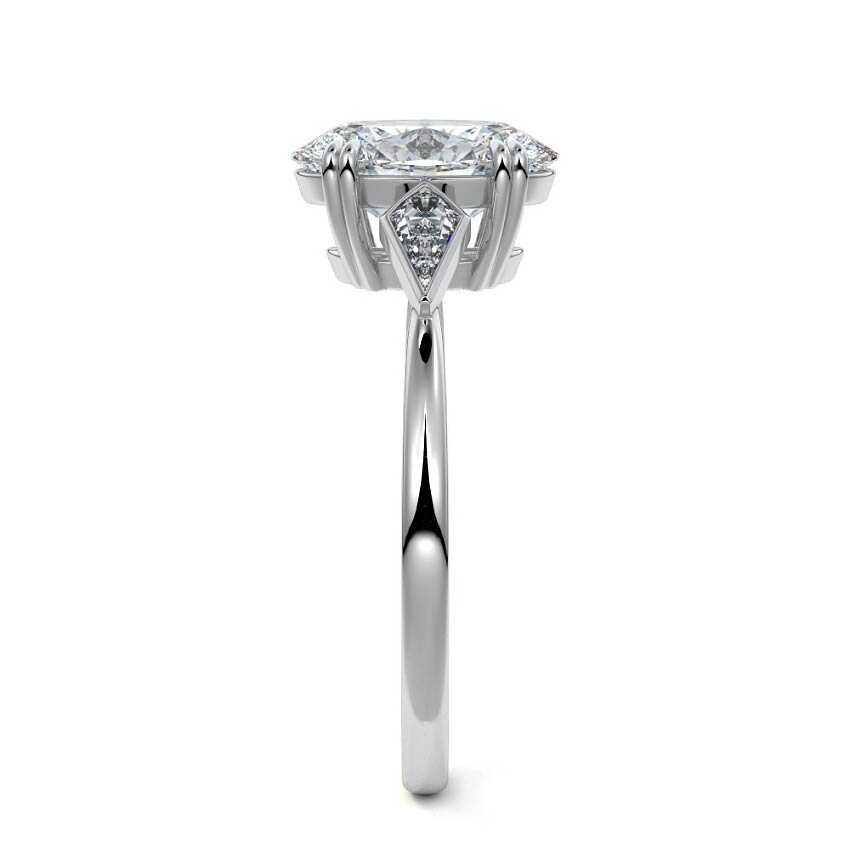 Silver Three-Stone Oval Diamond Engagement Ring with Kite Side Stones
