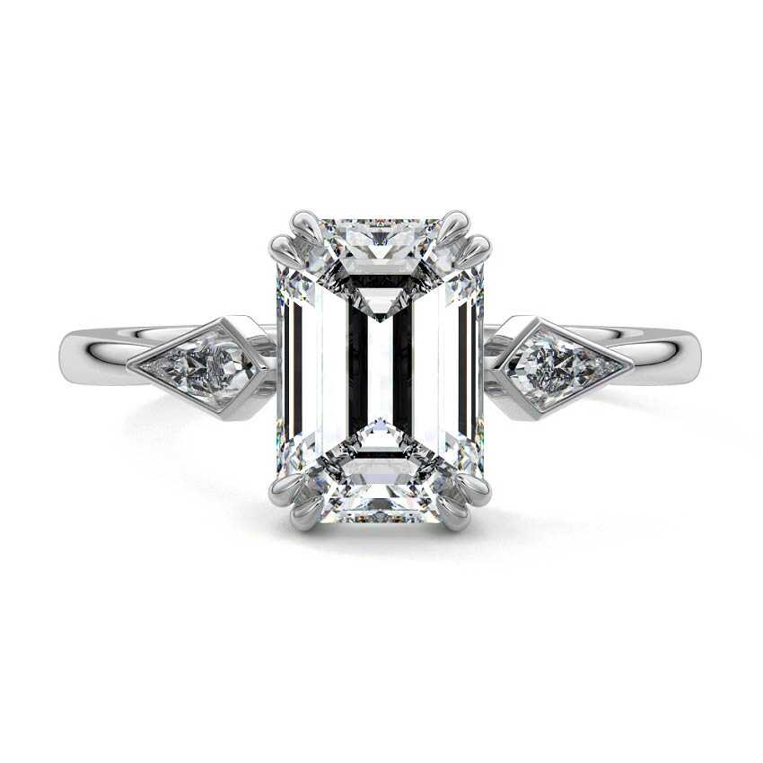 Platinum Three-Stone Emerald Diamond Engagement Ring with Kite Side Stones