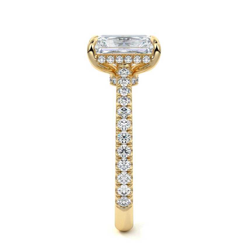Yellow gold Radiant Diamond Hidden Halo Engagement Ring with Pavé Band