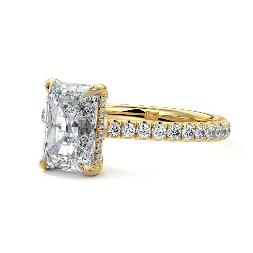 Yellow gold Radiant Diamond Hidden Halo Engagement Ring with Pavé Band