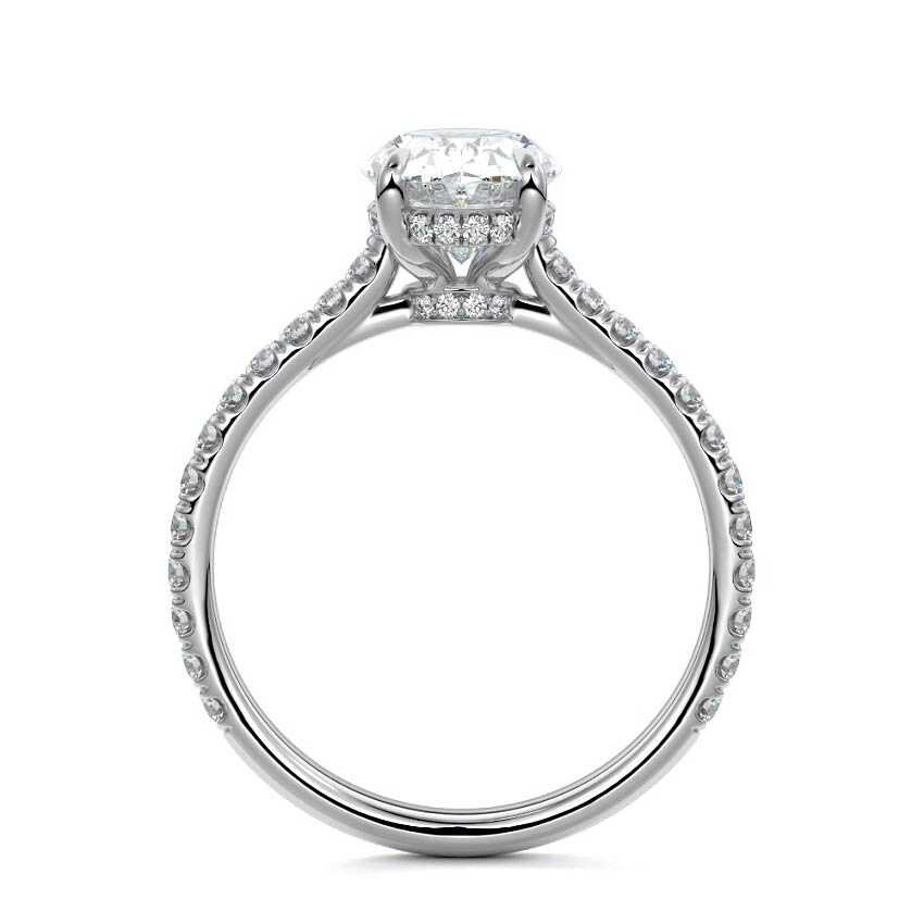 Platinum Oval Diamond Hidden Halo Engagement Ring with Pavé Band