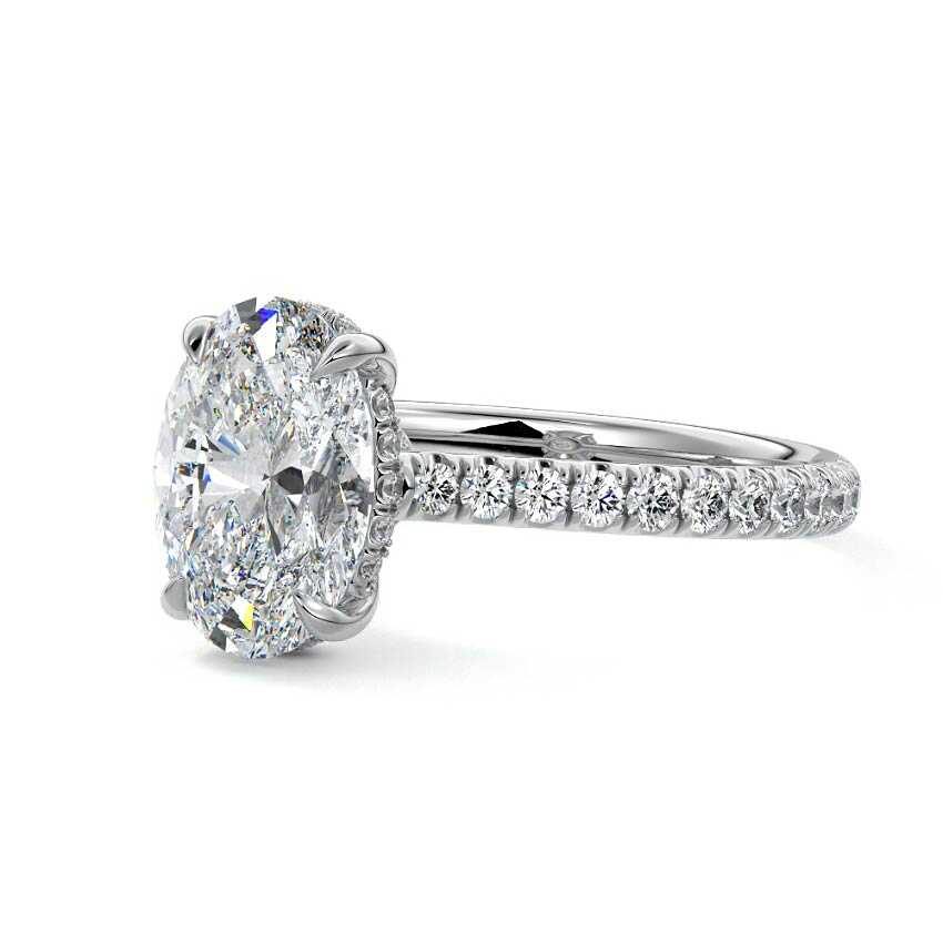 Platinum Oval Diamond Hidden Halo Engagement Ring with Pavé Band