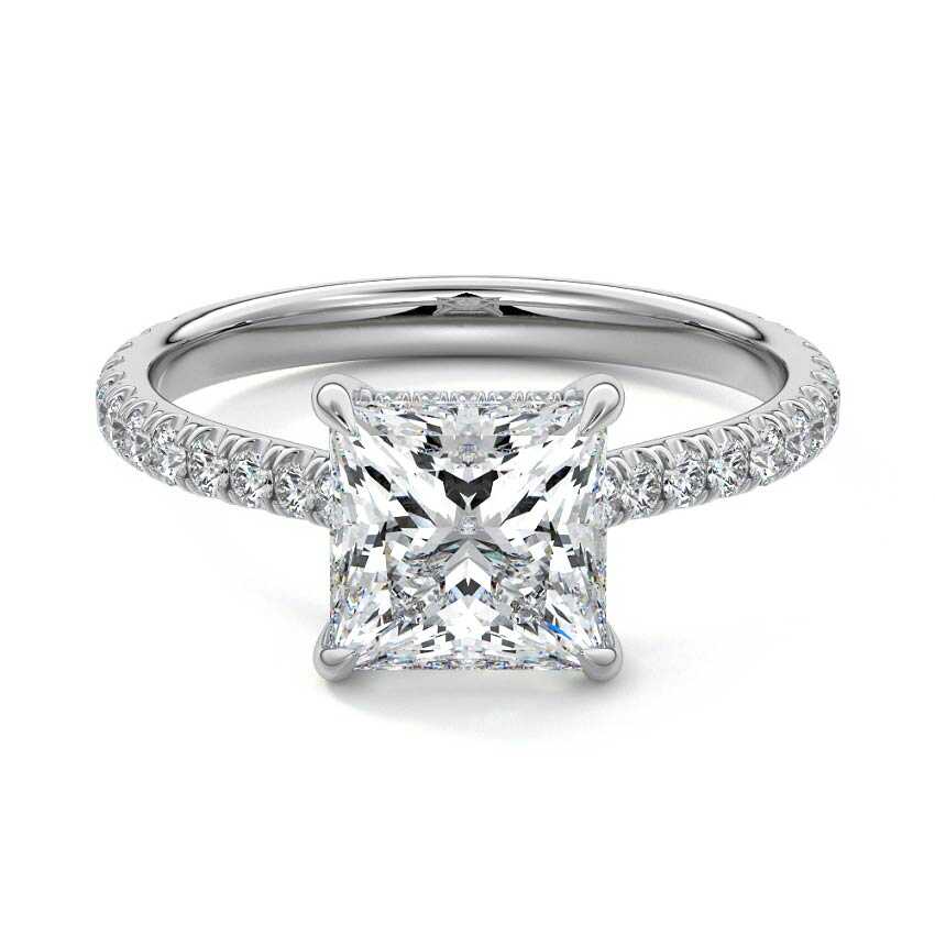 Platinum Princess Diamond Hidden Halo Engagement Ring with Pavé Band