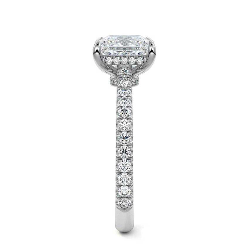 Platinum Princess Diamond Hidden Halo Engagement Ring with Pavé Band
