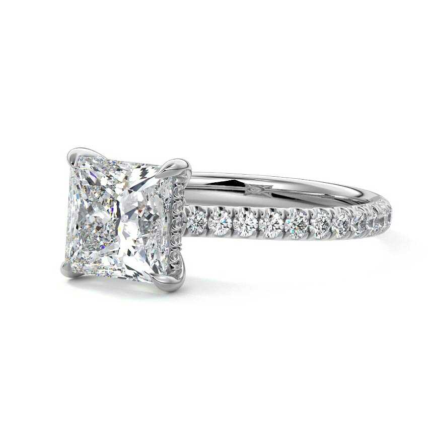 Platinum Princess Diamond Hidden Halo Engagement Ring with Pavé Band