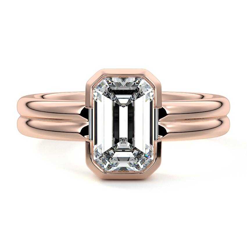 Rose gold Emerald Diamond Solitaire Engagement Ring with Double Band and Bezel Setting
