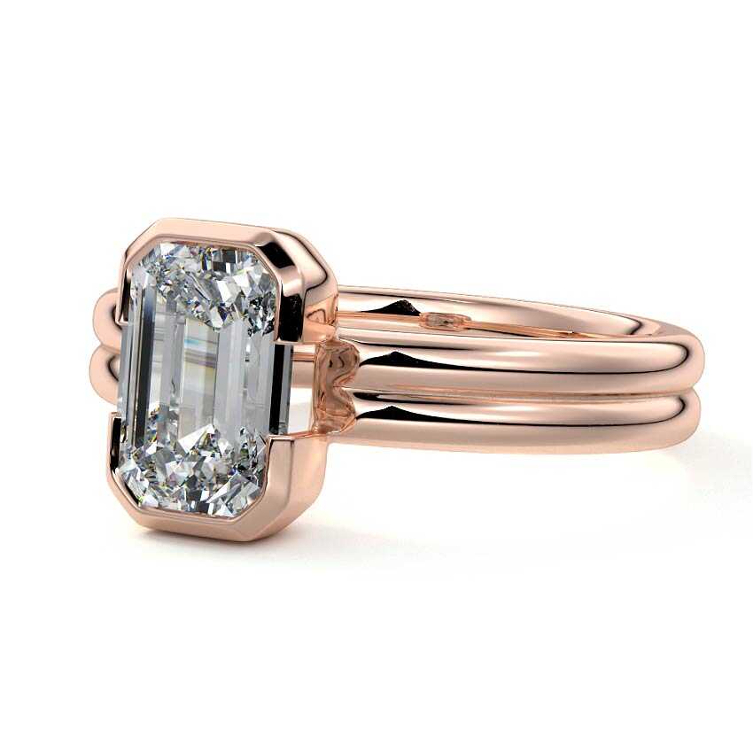 Rose gold Emerald Diamond Solitaire Engagement Ring with Double Band and Bezel Setting