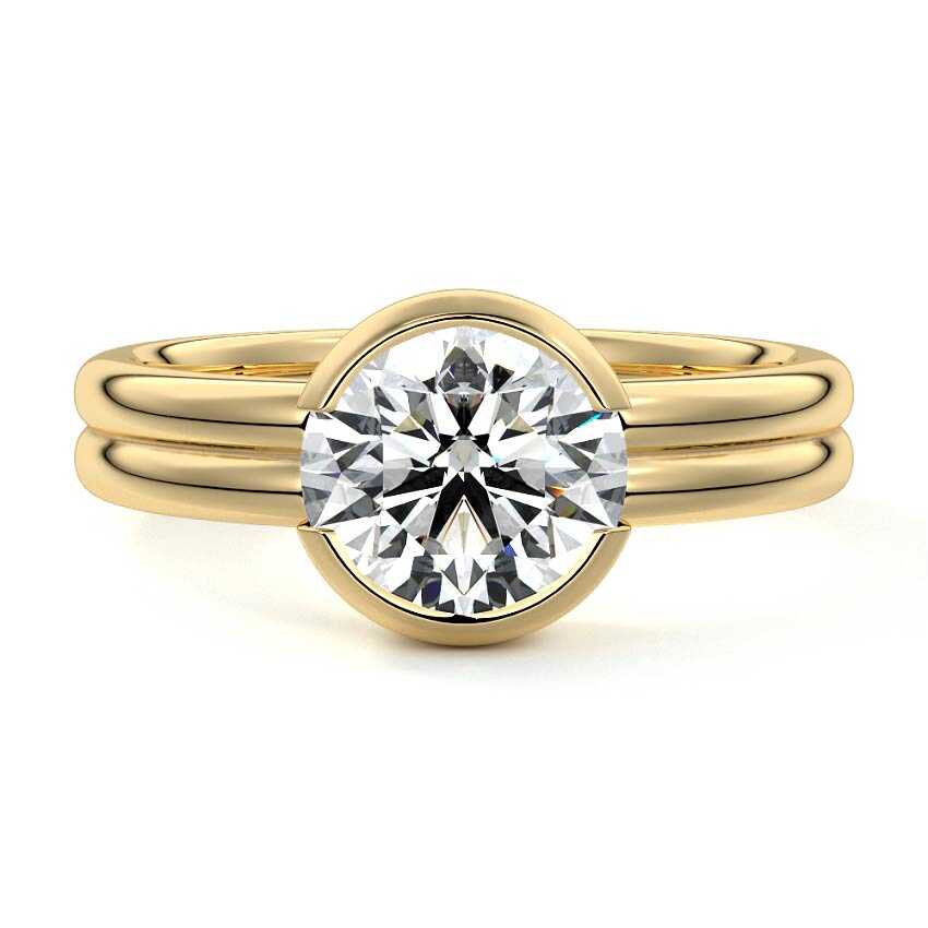 Yellow gold Round Diamond Solitaire Engagement Ring with Double Band and Bezel Setting
