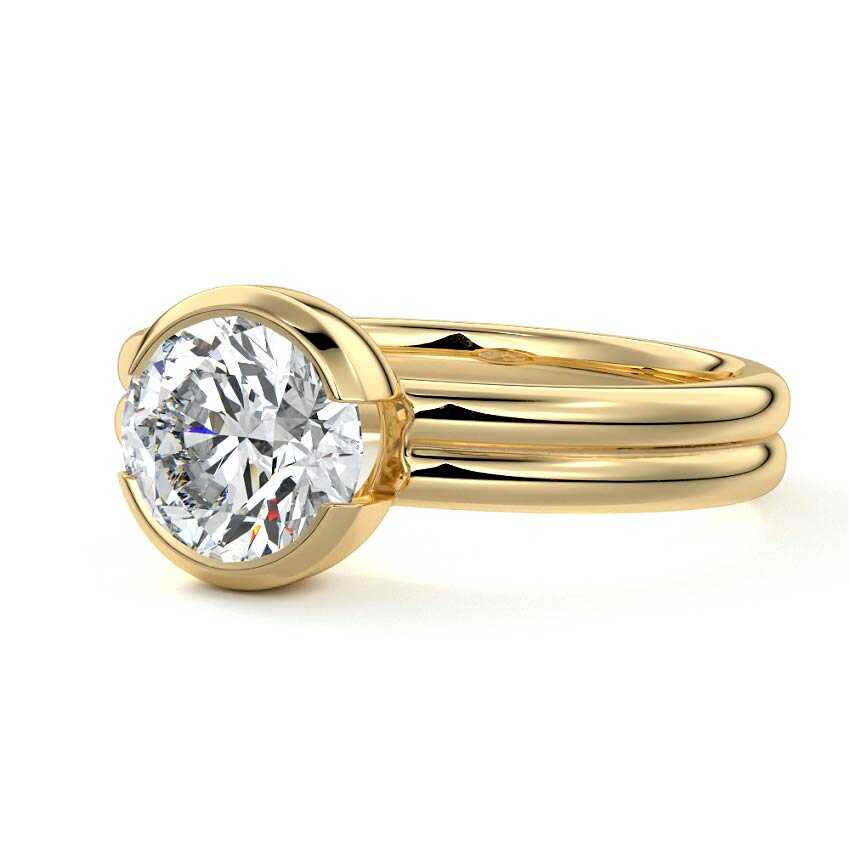 Yellow gold Round Diamond Solitaire Engagement Ring with Double Band and Bezel Setting