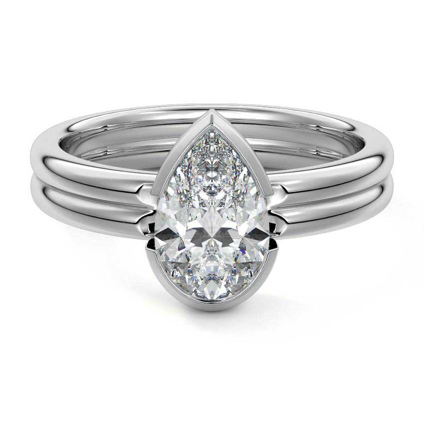 Silver Pear Diamond Solitaire Engagement Ring with Double Band and Bezel Setting