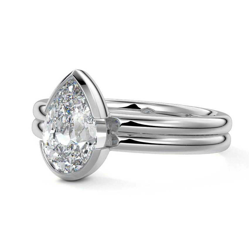 Silver Pear Diamond Solitaire Engagement Ring with Double Band and Bezel Setting