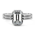 Silver Emerald Diamond Solitaire Engagement Ring with Double Band and Bezel Setting
