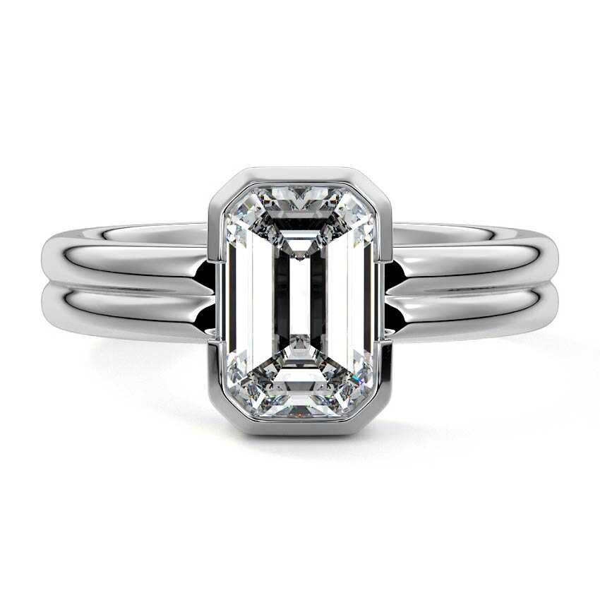 Silver Emerald Diamond Solitaire Engagement Ring with Double Band and Bezel Setting