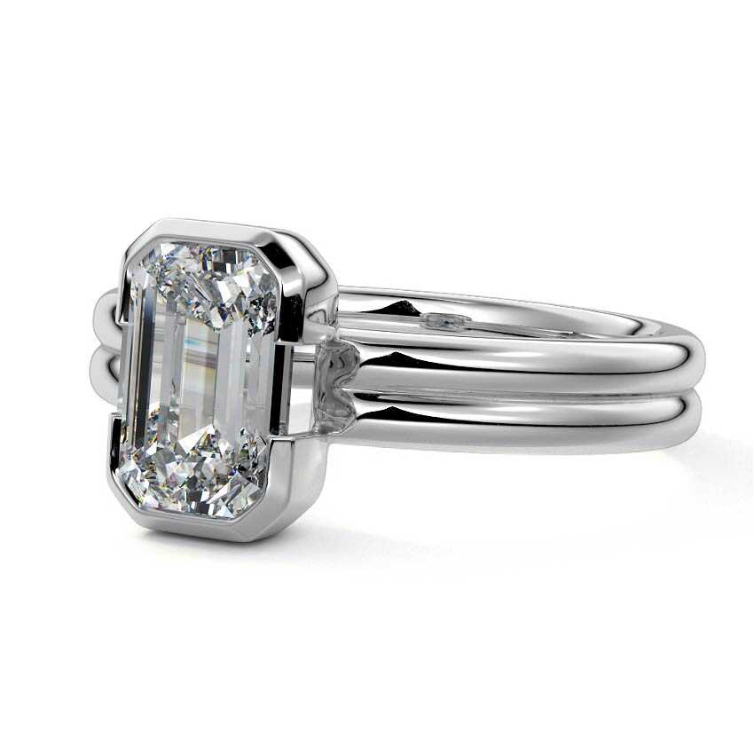 Silver Emerald Diamond Solitaire Engagement Ring with Double Band and Bezel Setting