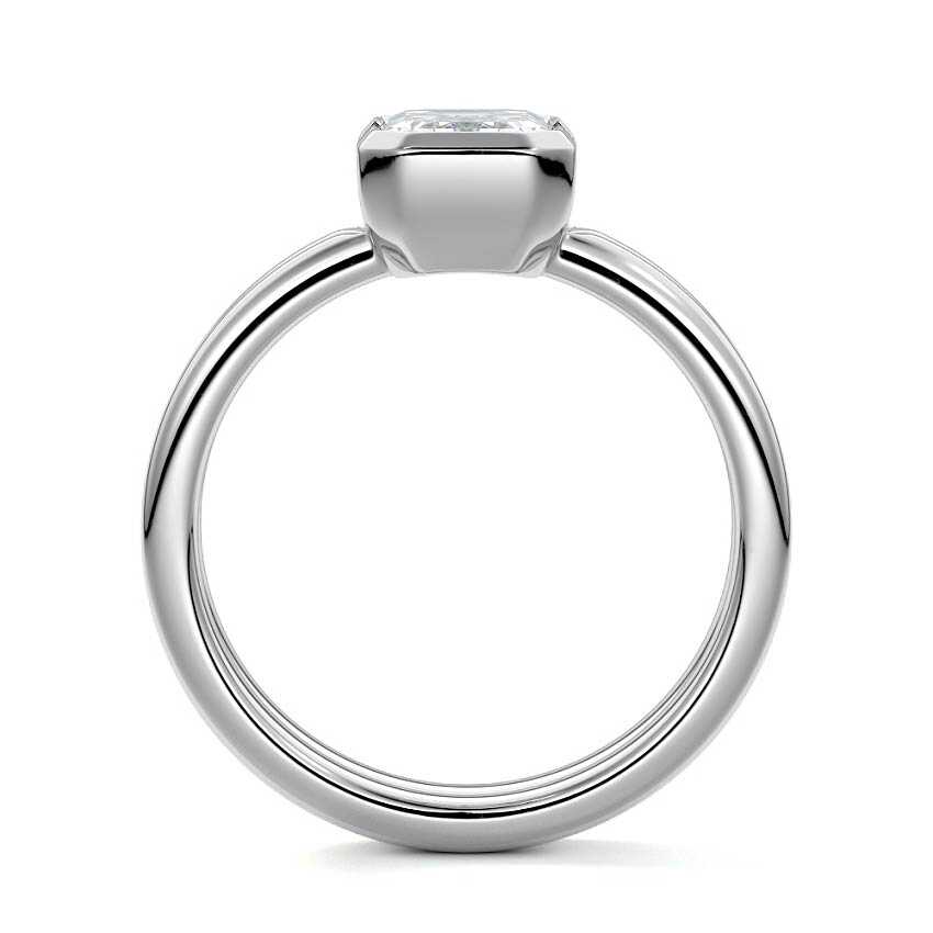 Silver Emerald Diamond Solitaire Engagement Ring with Double Band and Bezel Setting