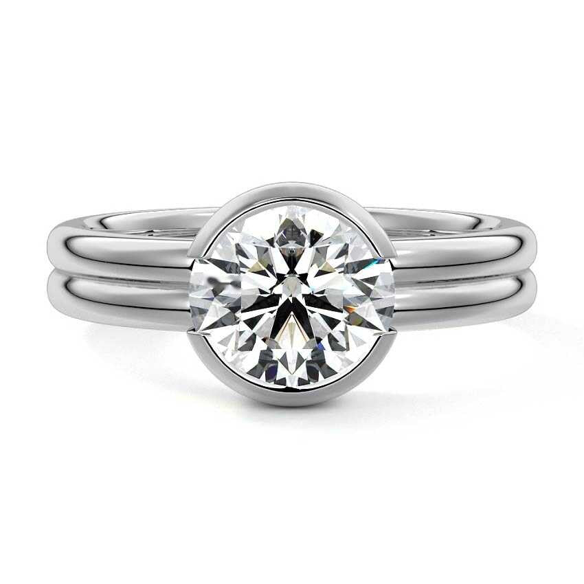 Platinum Round Diamond Solitaire Engagement Ring with Double Band and Bezel Setting 