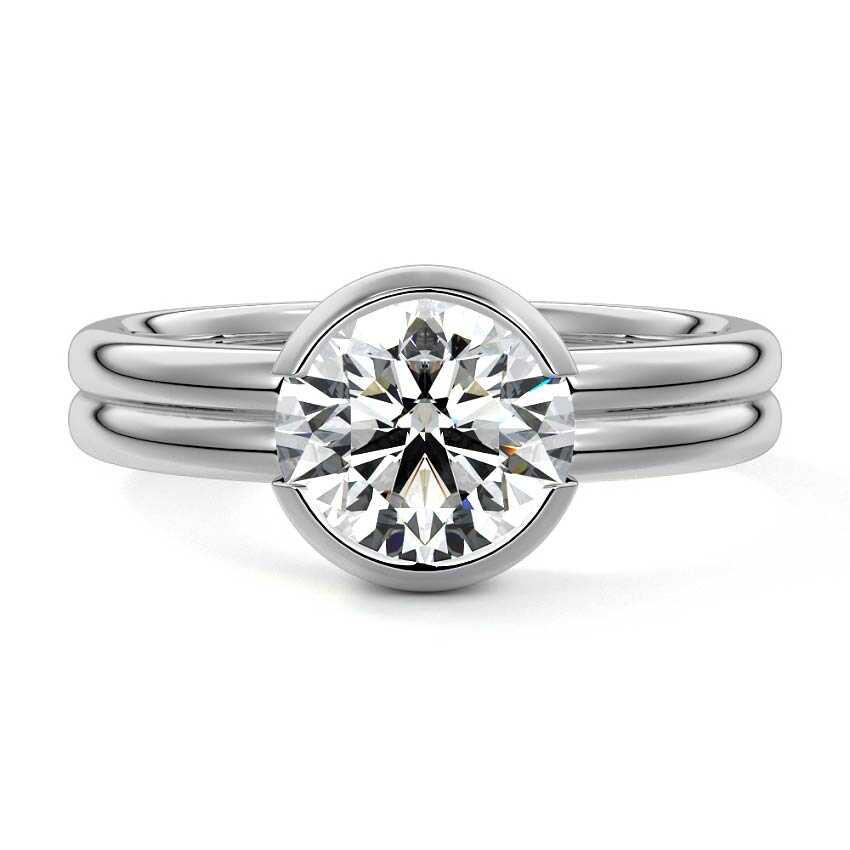 Platinum Round Diamond Solitaire Engagement Ring with Double Band and Bezel Setting