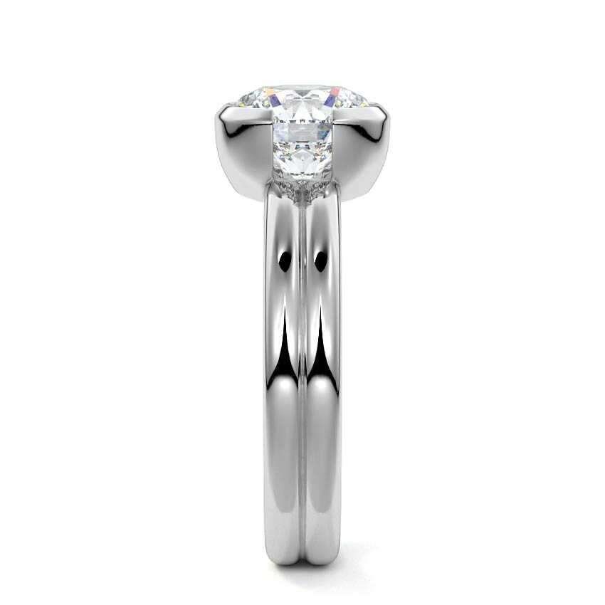 Platinum Round Diamond Solitaire Engagement Ring with Double Band and Bezel Setting