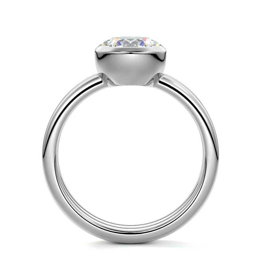 Platinum Round Diamond Solitaire Engagement Ring with Double Band and Bezel Setting