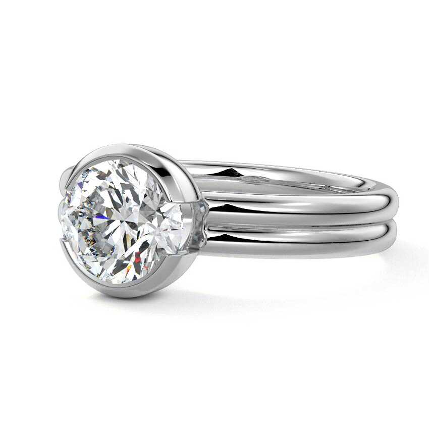 Platinum Round Diamond Solitaire Engagement Ring with Double Band and Bezel Setting