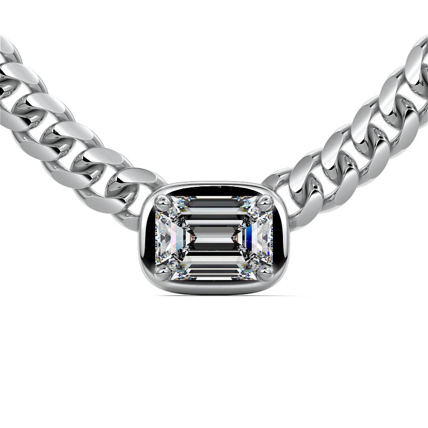 Silver Emerald Cut Diamond Cuban Link Chain Necklace