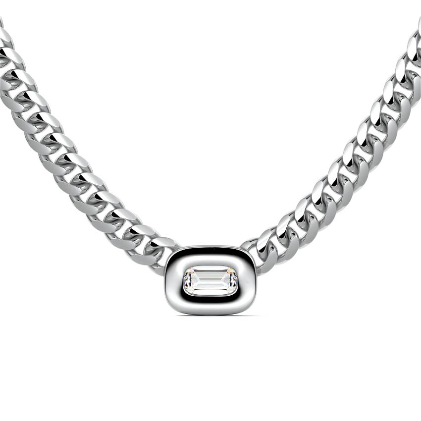 Silver Emerald Cut Diamond Cuban Link Chain Necklace