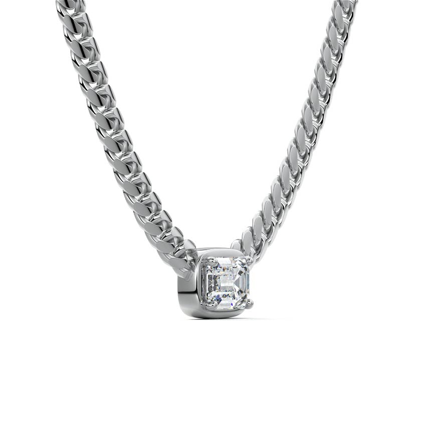 Silver Emerald Cut Diamond Cuban Link Chain Necklace