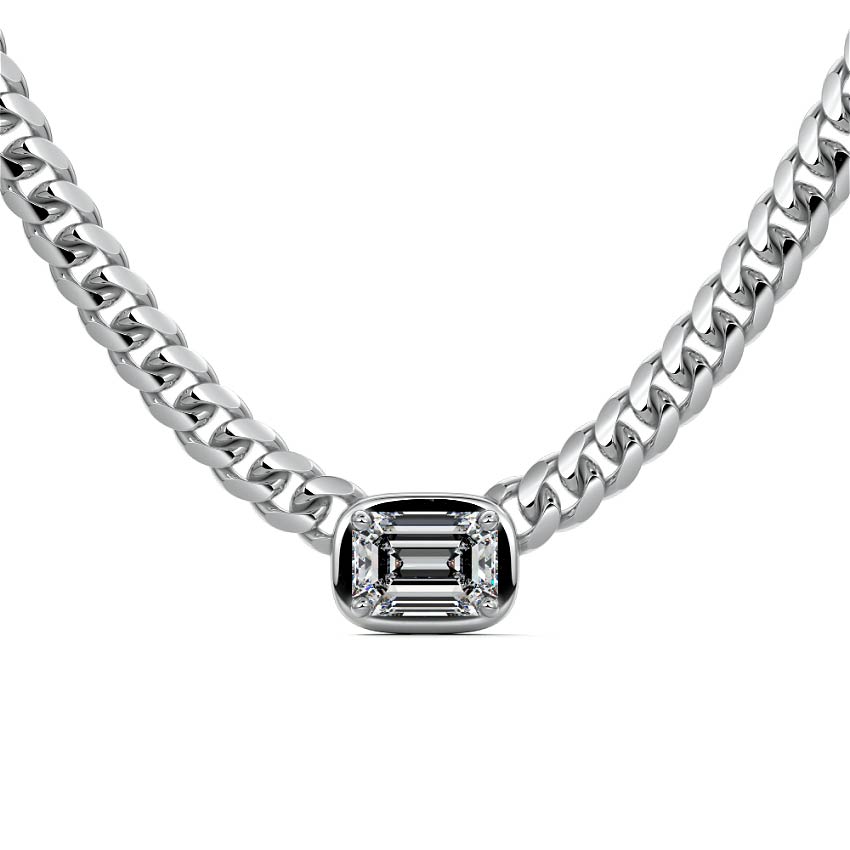 Platinum Emerald Cut Diamond Cuban Link Chain Necklace