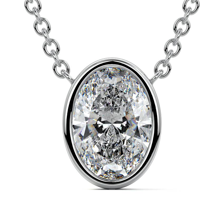 Silver Oval Cut Diamond Bezel Pendant Necklace