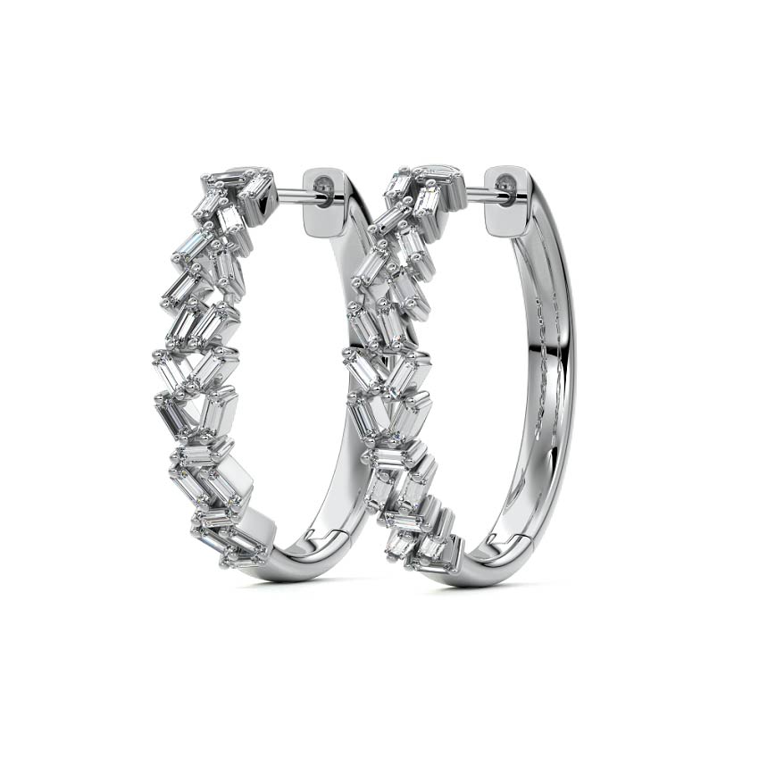 White gold Baguette Diamond Cluster Hoop Earrings
