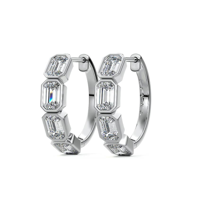 White gold Emerald Diamond Bezel Hoop Earrings