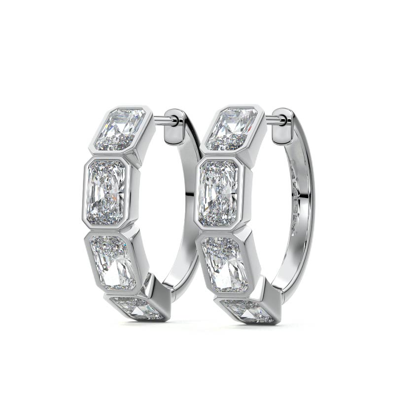 Platinum Radiant Diamond Bezel Hoop Earrings