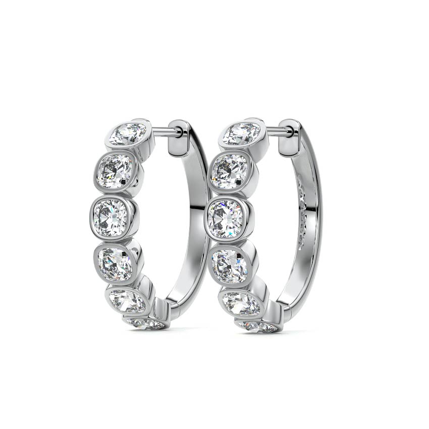 Platinum Cushion Diamond Bezel Hoop Earrings
