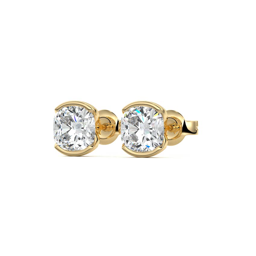 Yellow gold Cushion Diamond Bezel Stud Earrings