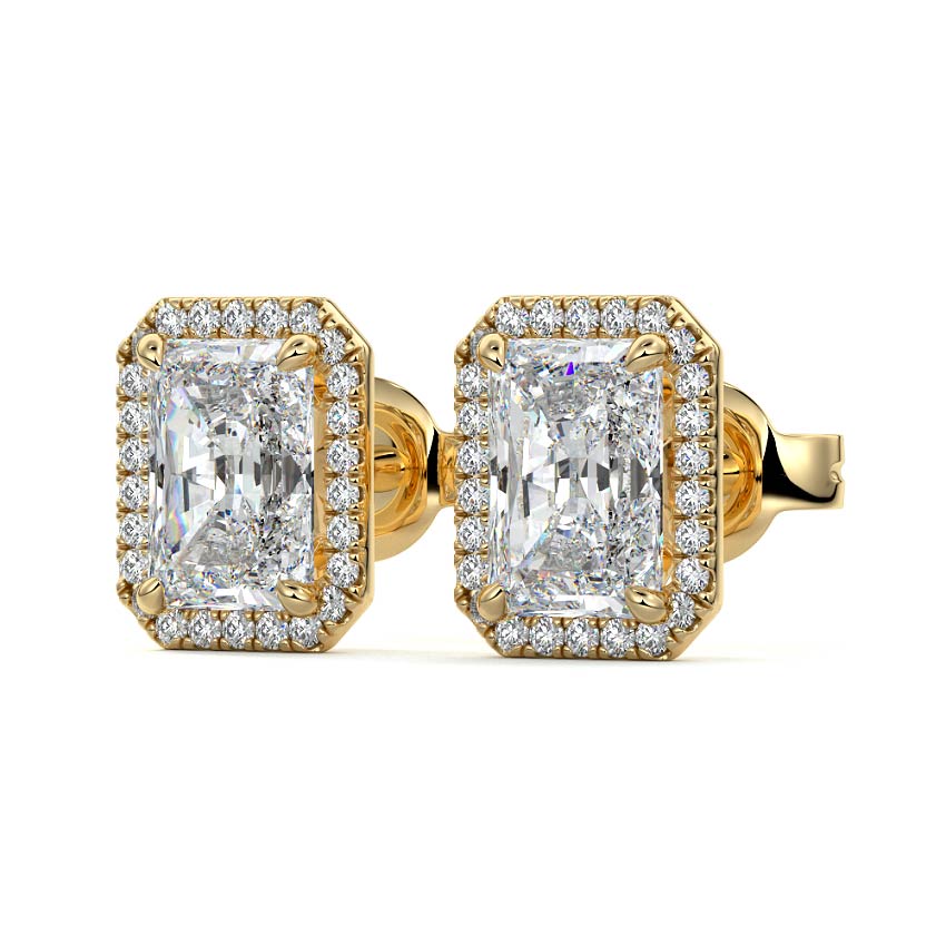 Yellow gold Radiant Diamond Halo Stud Earrings