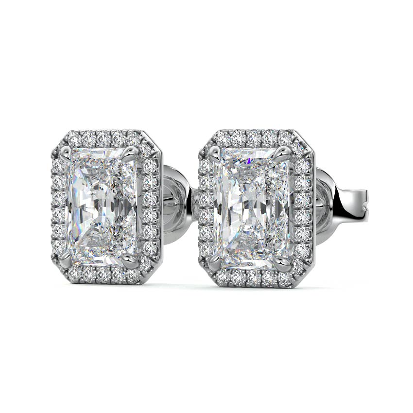 White gold Radiant Diamond Halo Stud Earrings