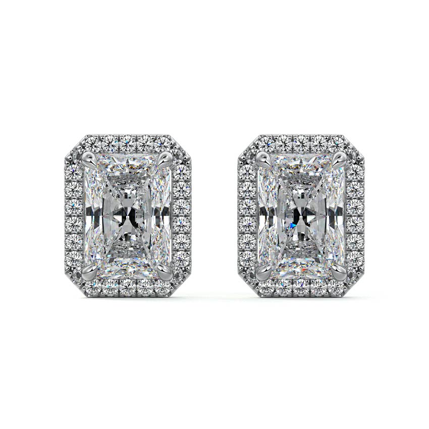 Silver Radiant Diamond Halo Stud Earrings