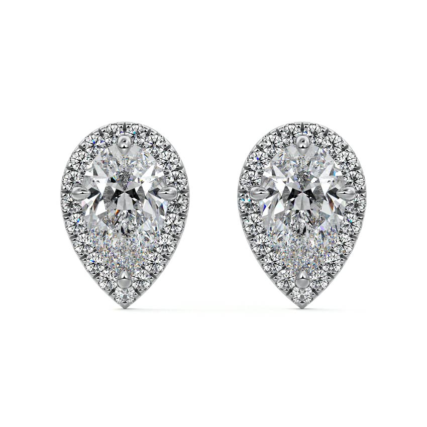Silver Pear Diamond Halo Stud Earrings