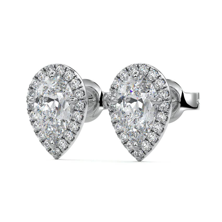 Silver Pear Diamond Halo Stud Earrings