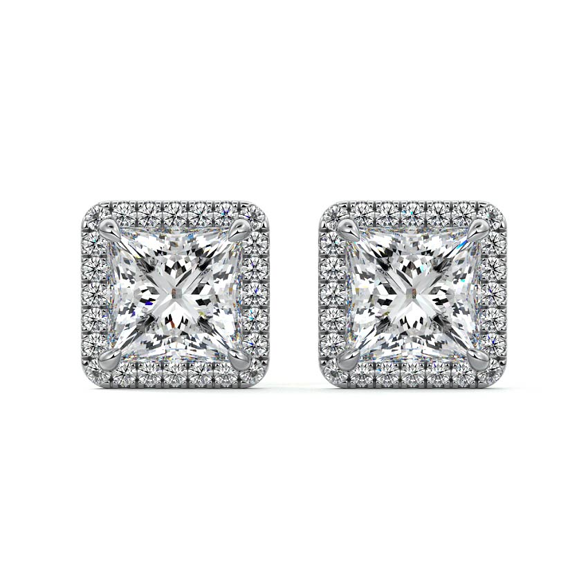 Silver Princess Diamond Halo Stud Earrings