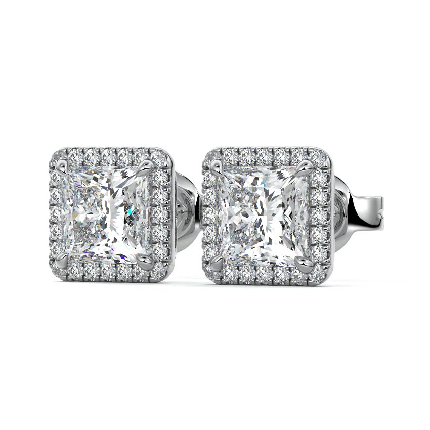 Silver Princess Diamond Halo Stud Earrings