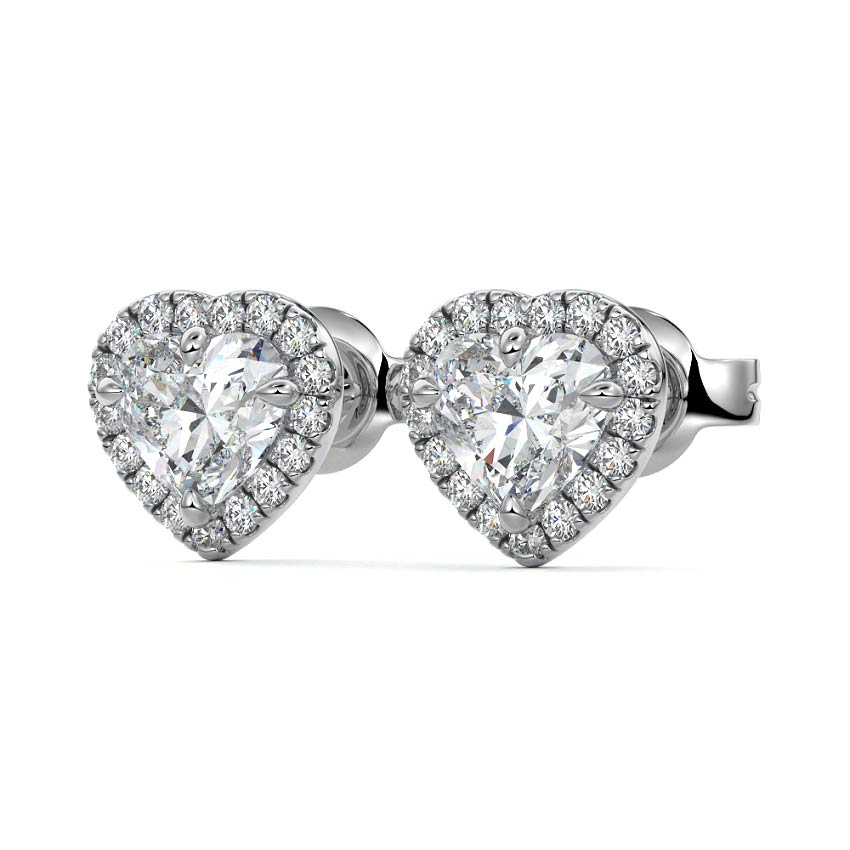 Silver Heart Diamond Halo Stud Earrings