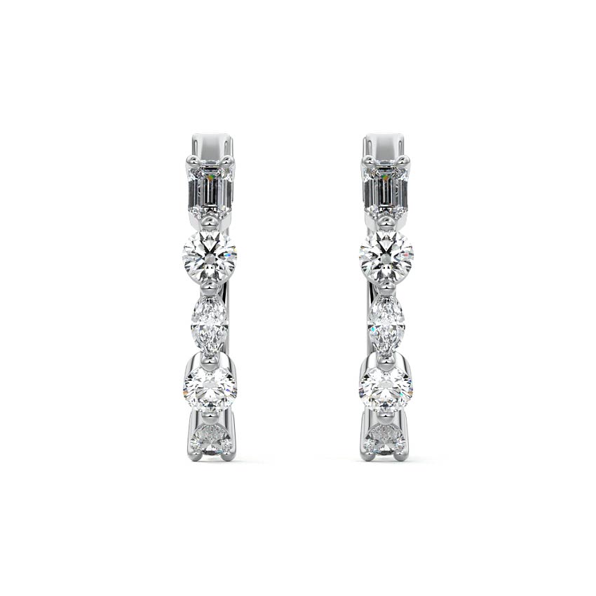 Platinum Round Diamond Hoop Earrings with Mixed Stone Setting