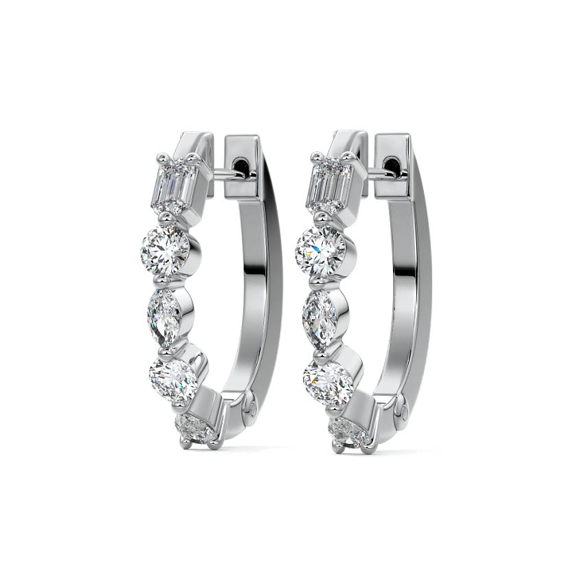 Platinum Round Diamond Hoop Earrings with Mixed Stone Setting