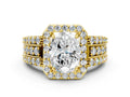Oval Cut Diamond Halo Engagement Ring in Yellow gold with Triple-Row Round Band