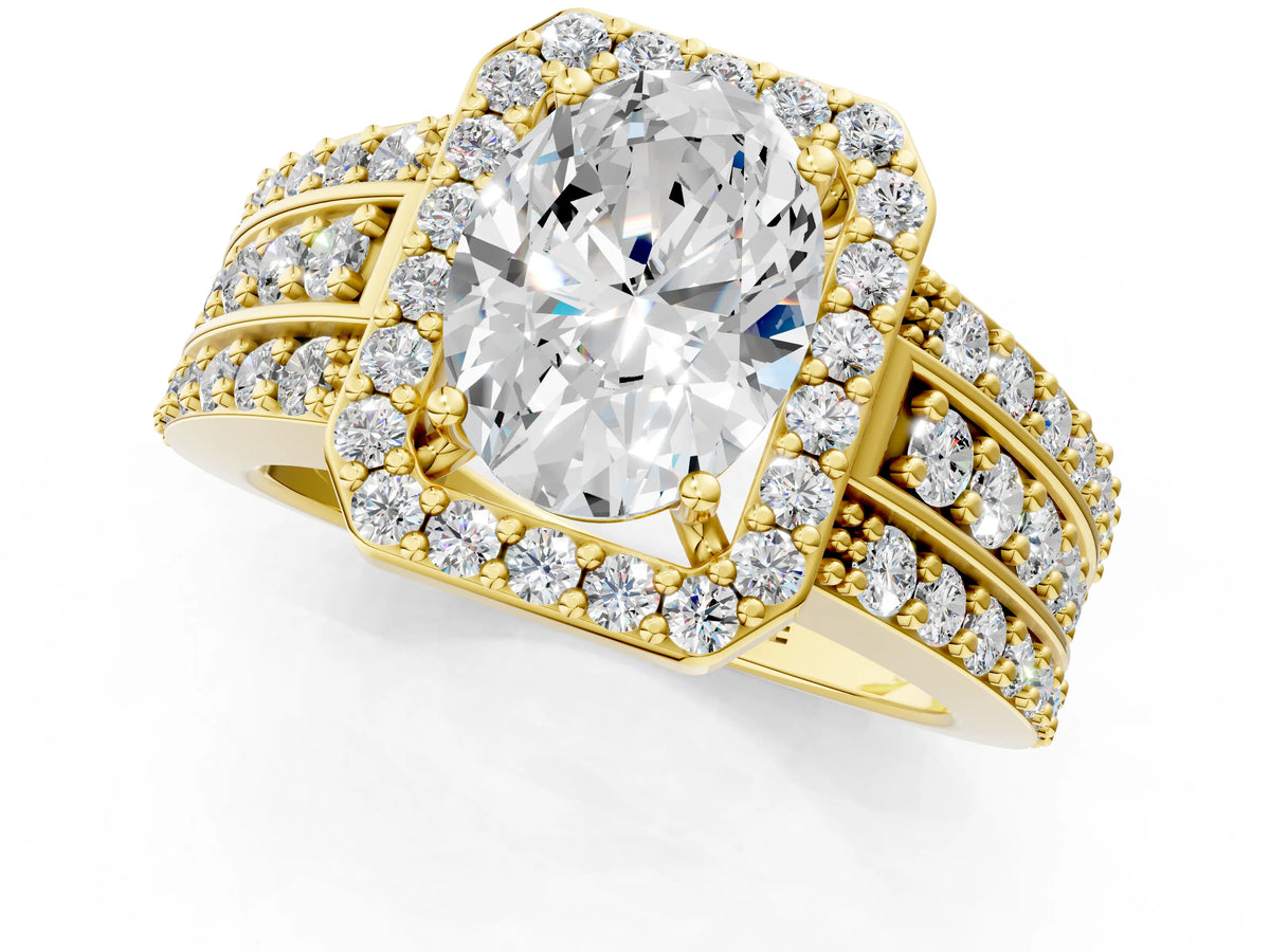 Oval Cut Diamond Halo Engagement Ring in Yellow gold with Triple-Row Round Band