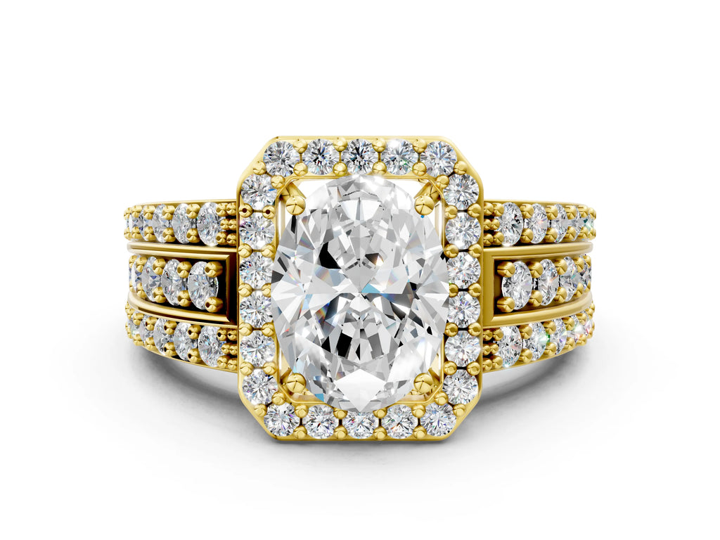 Oval Cut Diamond Halo Engagement Ring in Yellow gold with Triple-Row Round Band