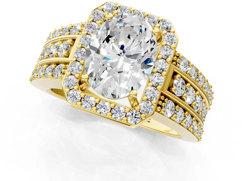 Oval Cut Diamond Halo Engagement Ring in Yellow gold with Triple-Row Round Band